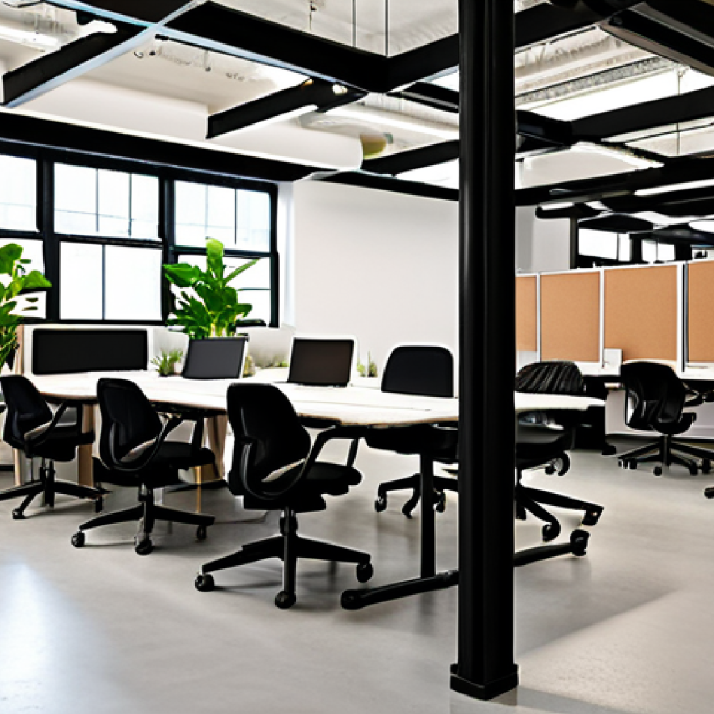 **

A modern coworking space featuring modular furniture, plants, and natural light. Tables that convert into whiteboards, ergonomic chairs with wheels, and folding screens dividing spaces.

**