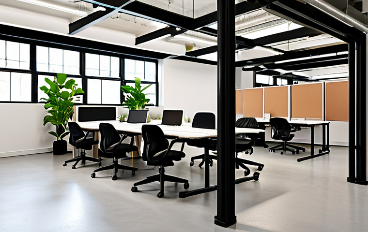 **
A modern coworking space featuring modular furniture, plants, and natural light. Tables that convert into whiteboards, ergonomic chairs with wheels, and folding screens dividing spaces.
**
