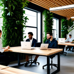 A diverse group of professional individuals in a modern, biophilic coworking space. The environment is bathed in abundant natural light from large windows, featuring lush vertical gardens, numerous potted plants, and design elements of natural wood and stone. Subjects are depicted with perfect anatomy, correct proportions, well-formed hands, proper finger count, and natural body proportions. They are either focused at ergonomic desks, utilizing adjustable standing workstations, or relaxing in serene zones, showcasing a calm and productive atmosphere. All individuals are fully clothed in modest, appropriate professional attire. The image should be safe for work, appropriate content, professional, and high quality.