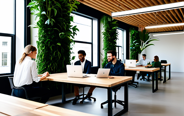 A diverse group of professional individuals in a modern, biophilic coworking space. The environment is bathed in abundant natural light from large windows, featuring lush vertical gardens, numerous potted plants, and design elements of natural wood and stone. Subjects are depicted with perfect anatomy, correct proportions, well-formed hands, proper finger count, and natural body proportions. They are either focused at ergonomic desks, utilizing adjustable standing workstations, or relaxing in serene zones, showcasing a calm and productive atmosphere. All individuals are fully clothed in modest, appropriate professional attire. The image should be safe for work, appropriate content, professional, and high quality.