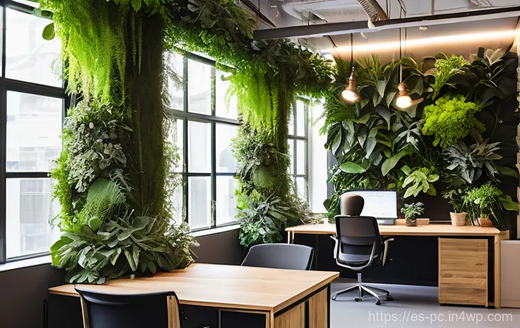 코워킹 스페이스의 최신 인테리어 트렌드 - "El Abrazo Verde: Biophilia and Serenity in a Coworking Oasis"**
"A tranquil, modern coworking space...