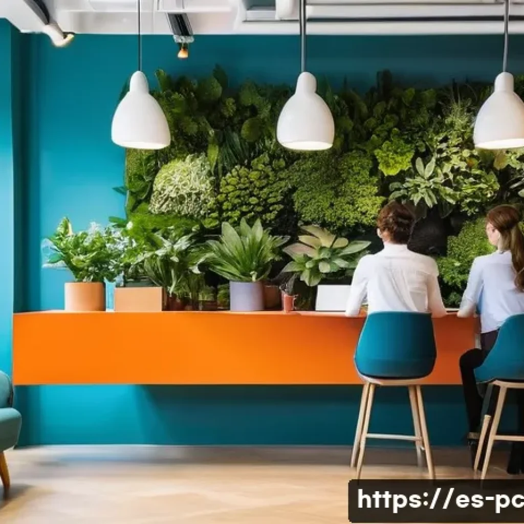 코워킹 스페이스의 디자인 요소가 중요한 이유 - **Prompt:** "A brightly lit, modern coworking space in Madrid, Spain. The color palette uses calming...