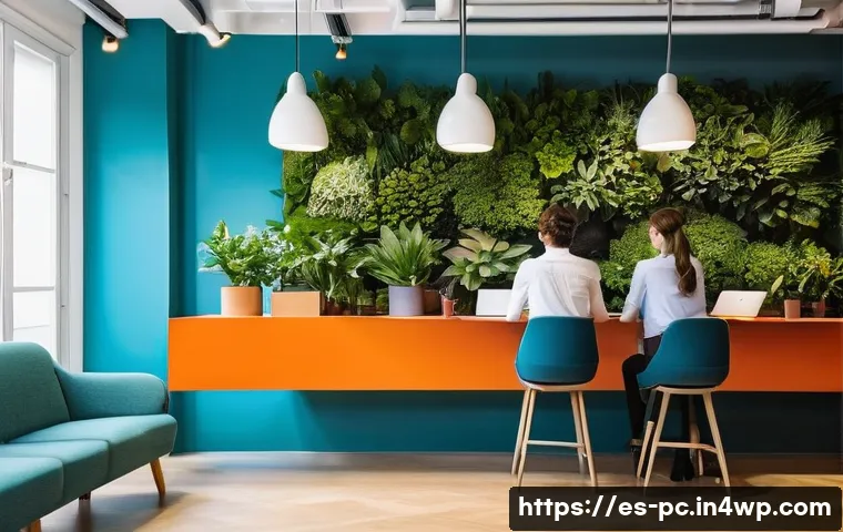 코워킹 스페이스의 디자인 요소가 중요한 이유 - **Prompt:** "A brightly lit, modern coworking space in Madrid, Spain. The color palette uses calming...
