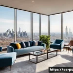 Home 22 코워킹 스페이스의 고급화 전략 - **Prompt:** A wide, sun-drenched, luxurious co-working lounge area with expansive windows offering p...