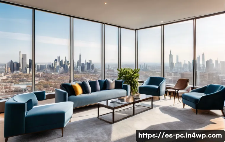 코워킹 스페이스의 고급화 전략 - **Prompt:** A wide, sun-drenched, luxurious co-working lounge area with expansive windows offering p...