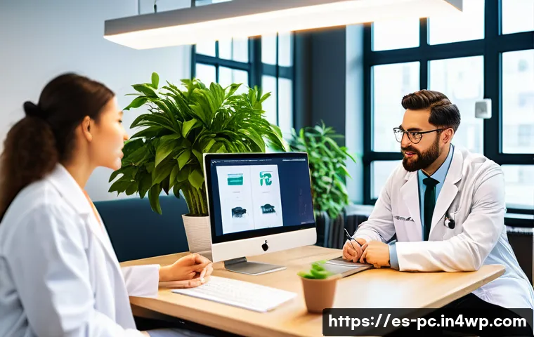 헬스케어 산업의 코워킹 공간 활용 예시 - A modern health-focused coworking space bustling with diverse professionals: doctors in white coats,...