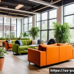 Home 19 코워킹 스페이스 사용자의 인터뷰 사례 - A modern coworking space bathed in natural light with large floor-to-ceiling windows, lush green pla...
