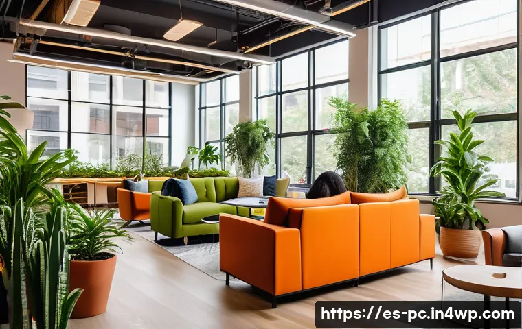 코워킹 스페이스 사용자의 인터뷰 사례 - A modern coworking space bathed in natural light with large floor-to-ceiling windows, lush green pla...