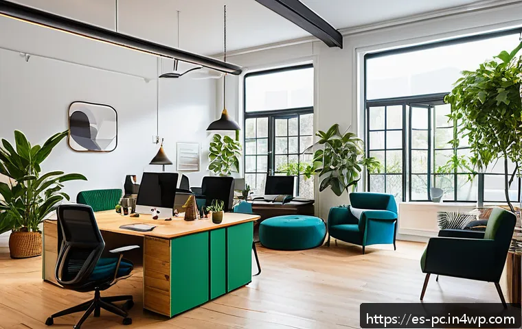 코워킹 스페이스와 프리랜서의 관계 - A modern coworking space filled with abundant natural light streaming through large windows, lush gr...