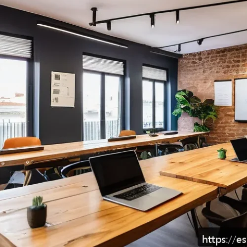 Home 17 코워킹 스페이스와 소셜 미디어의 활용 - A modern coworking space in a vibrant Spanish city setting, filled with diverse entrepreneurs collab...
