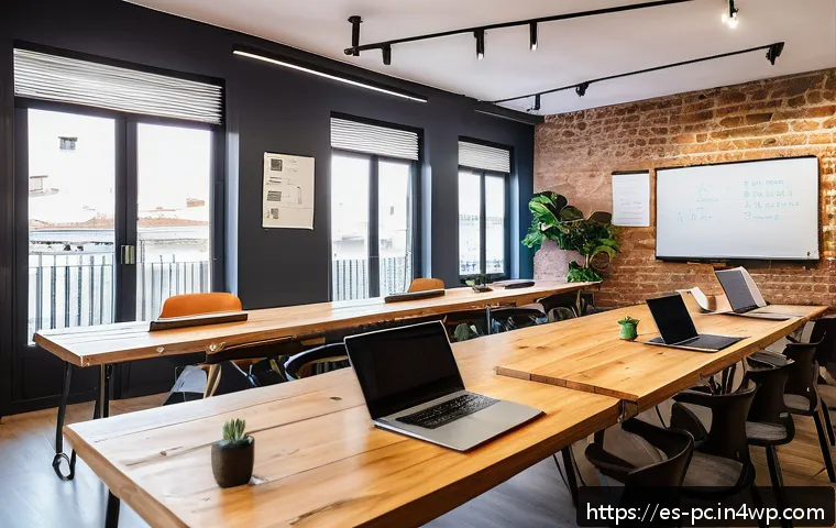 코워킹 스페이스와 소셜 미디어의 활용 - A modern coworking space in a vibrant Spanish city setting, filled with diverse entrepreneurs collab...