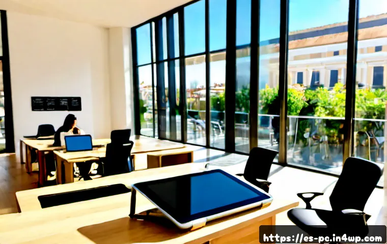 코워킹 스페이스의 미래 전망 - Photorealistic future-focused coworking space in a modern Spanish city, diverse remote professionals...