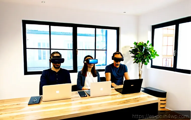 코워킹 스페이스와 메타버스의 접목 사례 - Photorealistic modern coworking space in Madrid, diverse Spanish professionals seated at shared wood...