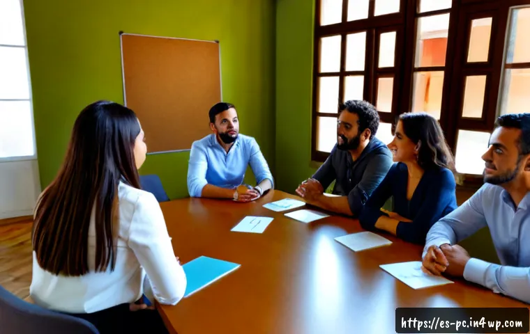 코워킹 스페이스 내 소통 채널 확보 방법 - Photorealistic modern coworking space in Madrid, diverse Spanish-speaking professionals gathered aro...